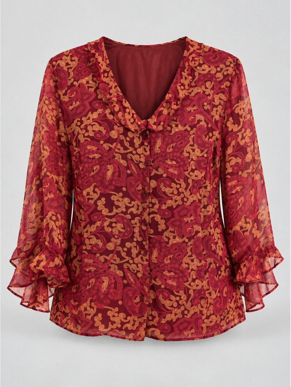 Avenue Women's 18/20 Silk Paisley Ruffle Sleeve Button Front Blouse